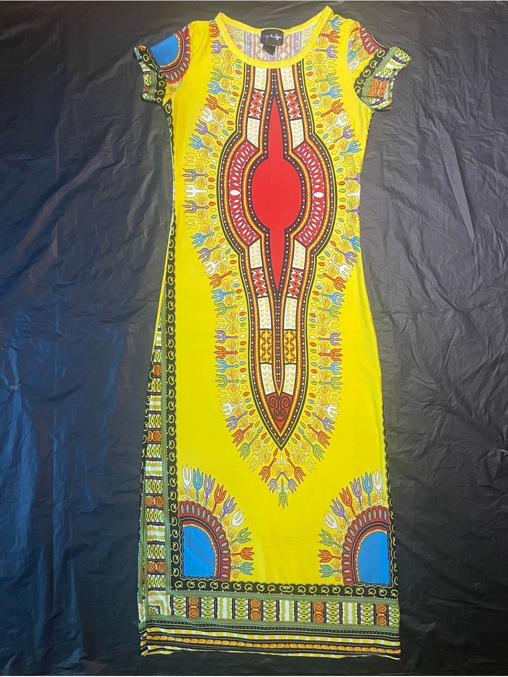 Bright Yellow Dashiki-Print Maxi Dress with Red & Blue Accents